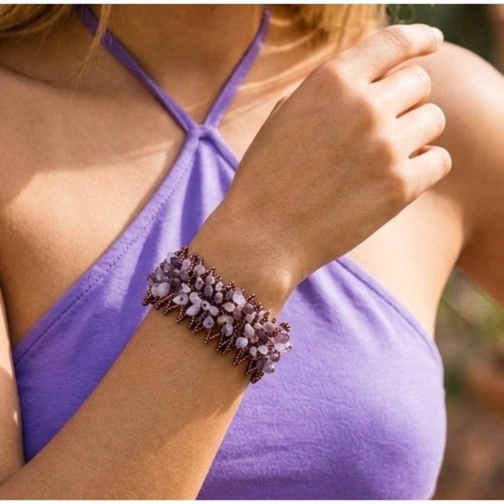 New Anthropologie Genuine Amethyst Woven Alexandra Beaded Wrap Bracelet